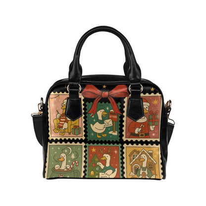 Christmas Goose Handbag, Holiday Stamp Print Purse, Festive Winter Satchel Bag