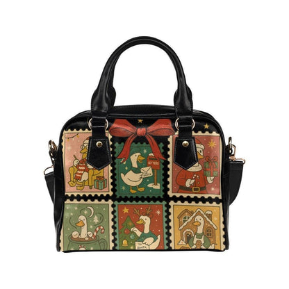 Christmas Goose Handbag, Holiday Stamp Print Purse, Festive Winter Satchel Bag