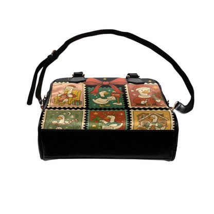 Christmas Goose Handbag, Holiday Stamp Print Purse, Festive Winter Satchel Bag