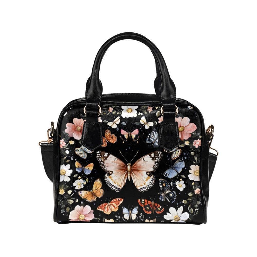 Butterfly floral satchel purse, moth garden handbag, vintage insect crossbody, cottage wildflower top handle