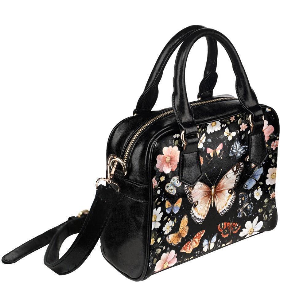 Butterfly floral satchel purse, moth garden handbag, vintage insect crossbody, cottage wildflower top handle