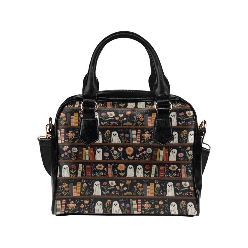 Ghost Bookshelf Handbag, Floral Book Lover Purse, Cute Spooky Satchel Bag