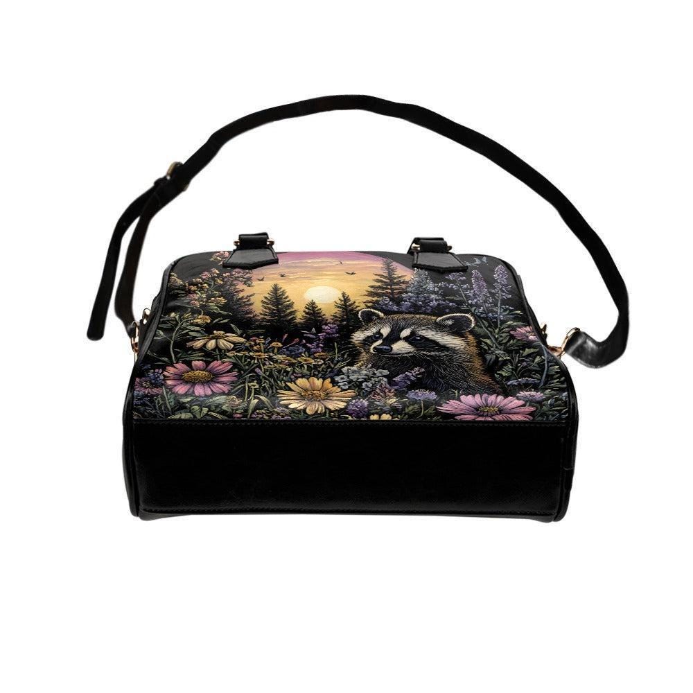 Raccoon Wildflower Handbag, Woodland Night Bowler Purse, Forest Animal Satchel