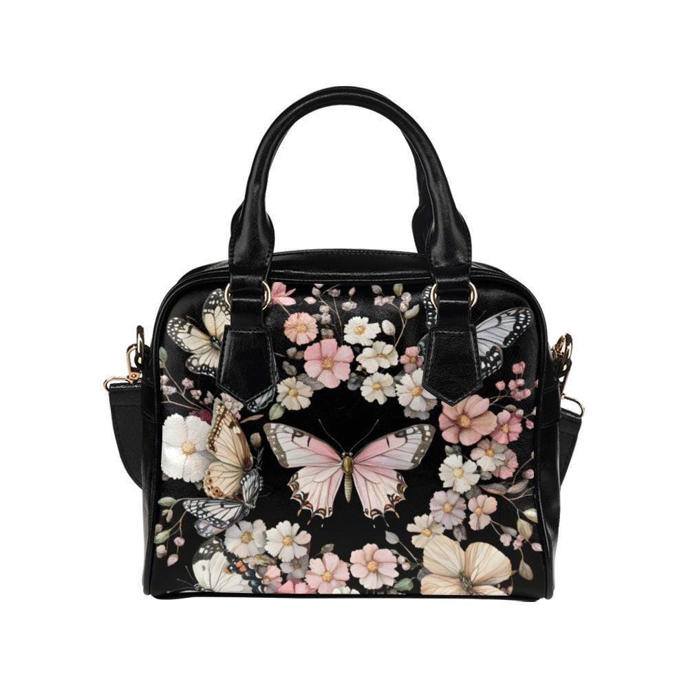 Black Butterfly Floral Satchel Handbag, Romantic Spring Blossom Statement Bag