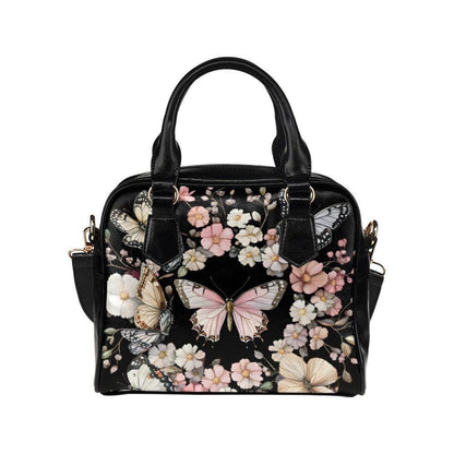 Black Butterfly Floral Satchel Handbag, Romantic Spring Blossom Statement Bag