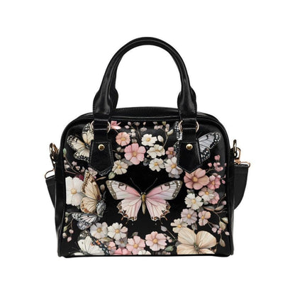 Black Butterfly Floral Satchel Handbag, Romantic Spring Blossom Statement Bag