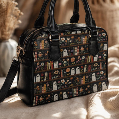 Ghost Bookshelf Handbag, Floral Book Lover Purse, Cute Spooky Satchel Bag