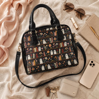 Ghost Bookshelf Handbag, Floral Book Lover Purse, Cute Spooky Satchel Bag