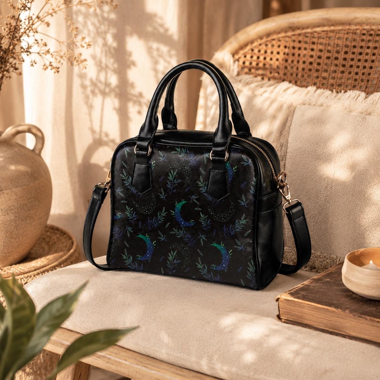 Moon & Foliage Satchel Bag: Celestial Crossbody Purse, Witchy Lunar Handbag