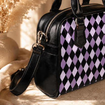 Purple Harlequin Satchel Bag, Vegan Leather Crossbody, Gothic Checkered Tote