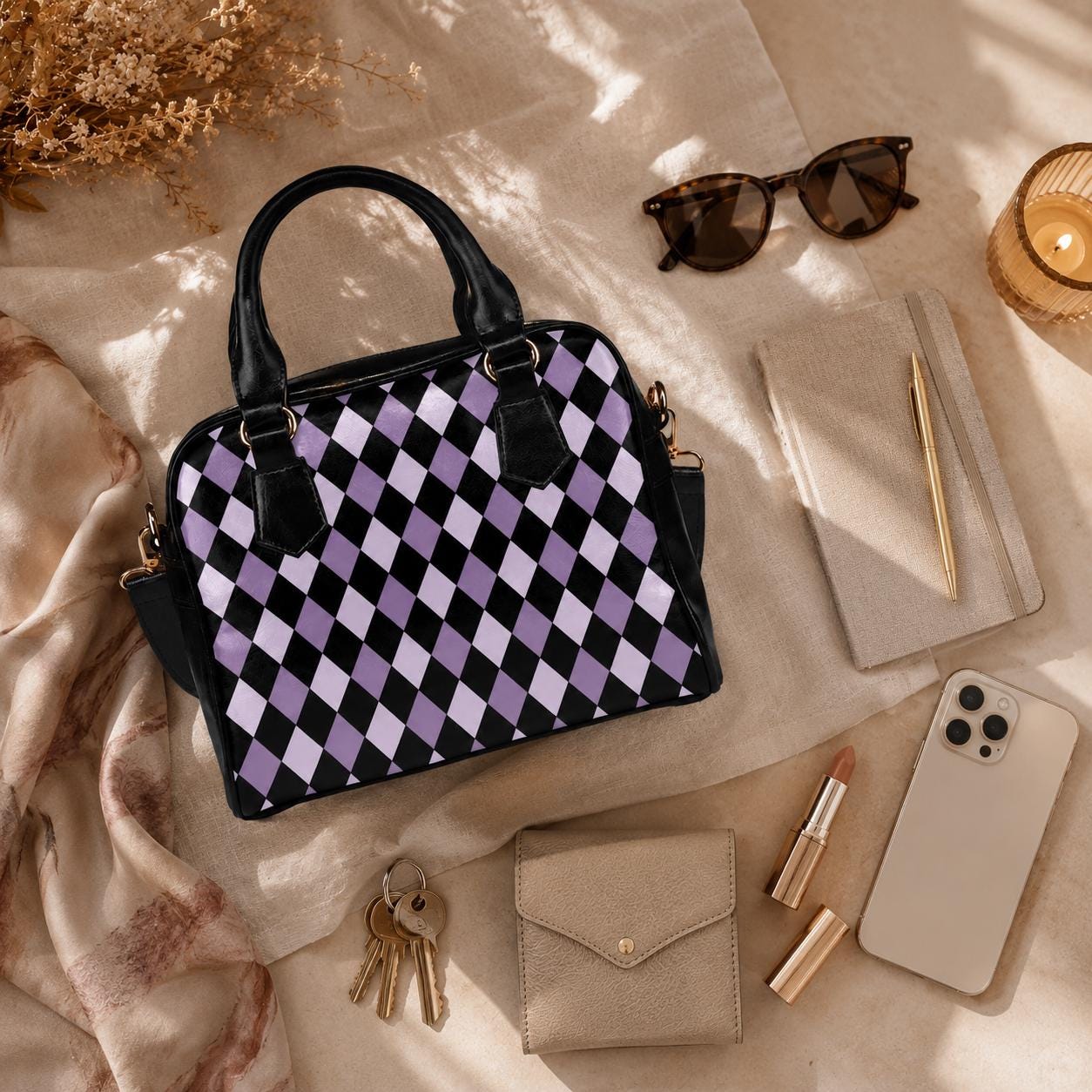 Purple Harlequin Satchel Bag, Vegan Leather Crossbody, Gothic Checkered Tote