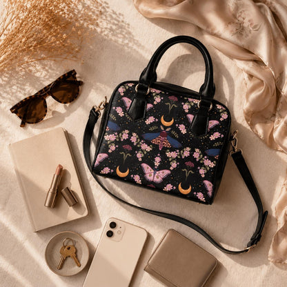 Celestial Moth Purse, Moon Phase Satchel Bag, Witchy Floral Handbag