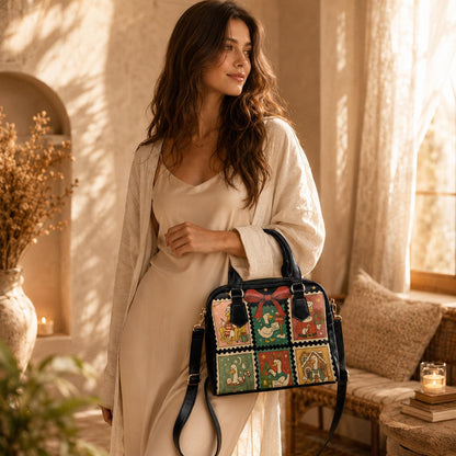 Christmas Goose Handbag, Holiday Stamp Print Purse, Festive Winter Satchel Bag