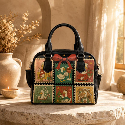 Christmas Goose Handbag, Holiday Stamp Print Purse, Festive Winter Satchel Bag