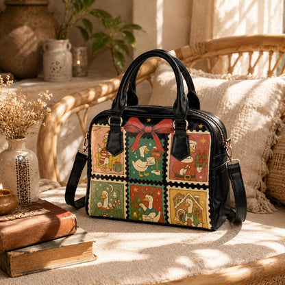 Christmas Goose Handbag, Holiday Stamp Print Purse, Festive Winter Satchel Bag