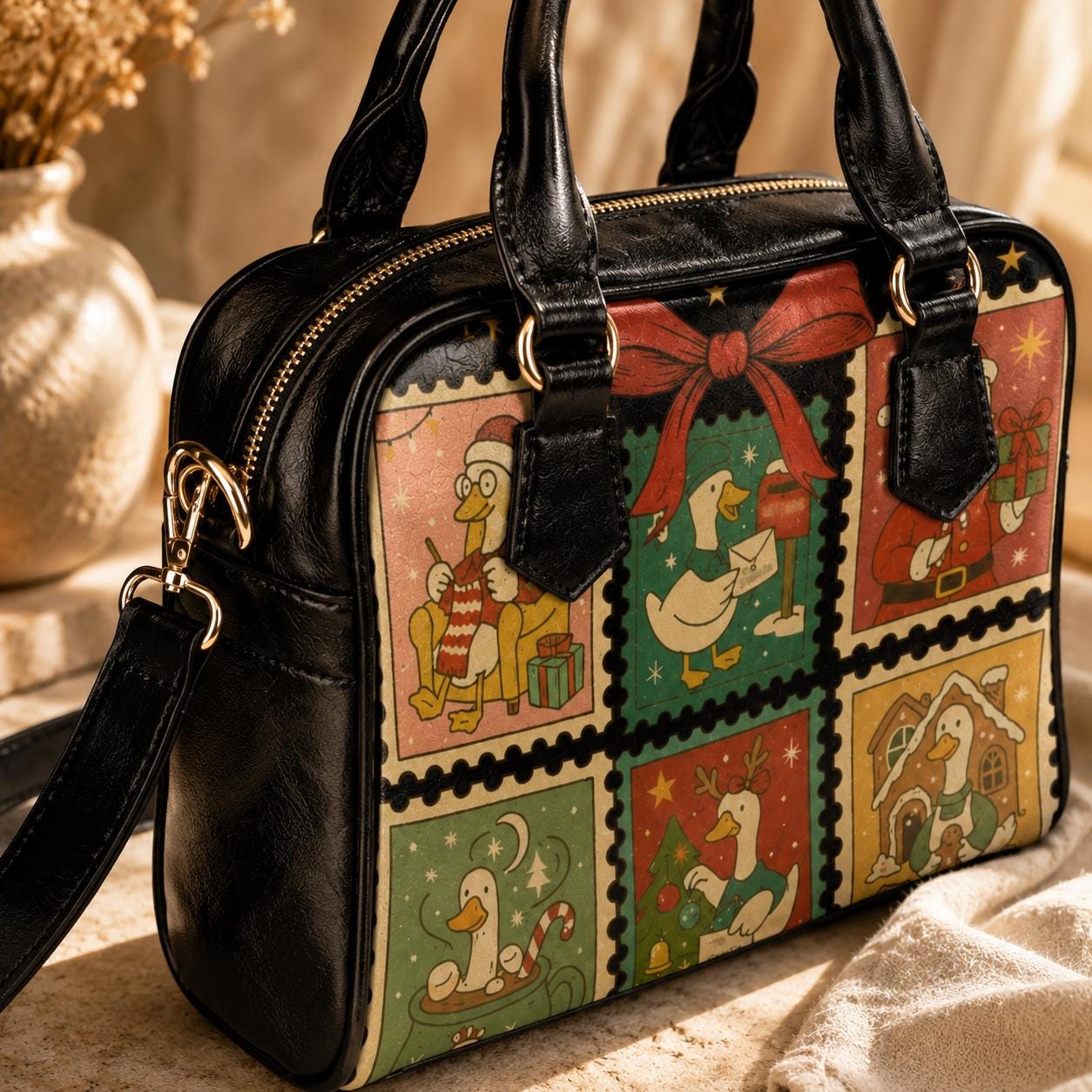 Christmas Goose Handbag, Holiday Stamp Print Purse, Festive Winter Satchel Bag
