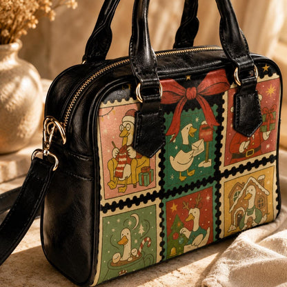Christmas Goose Handbag, Holiday Stamp Print Purse, Festive Winter Satchel Bag