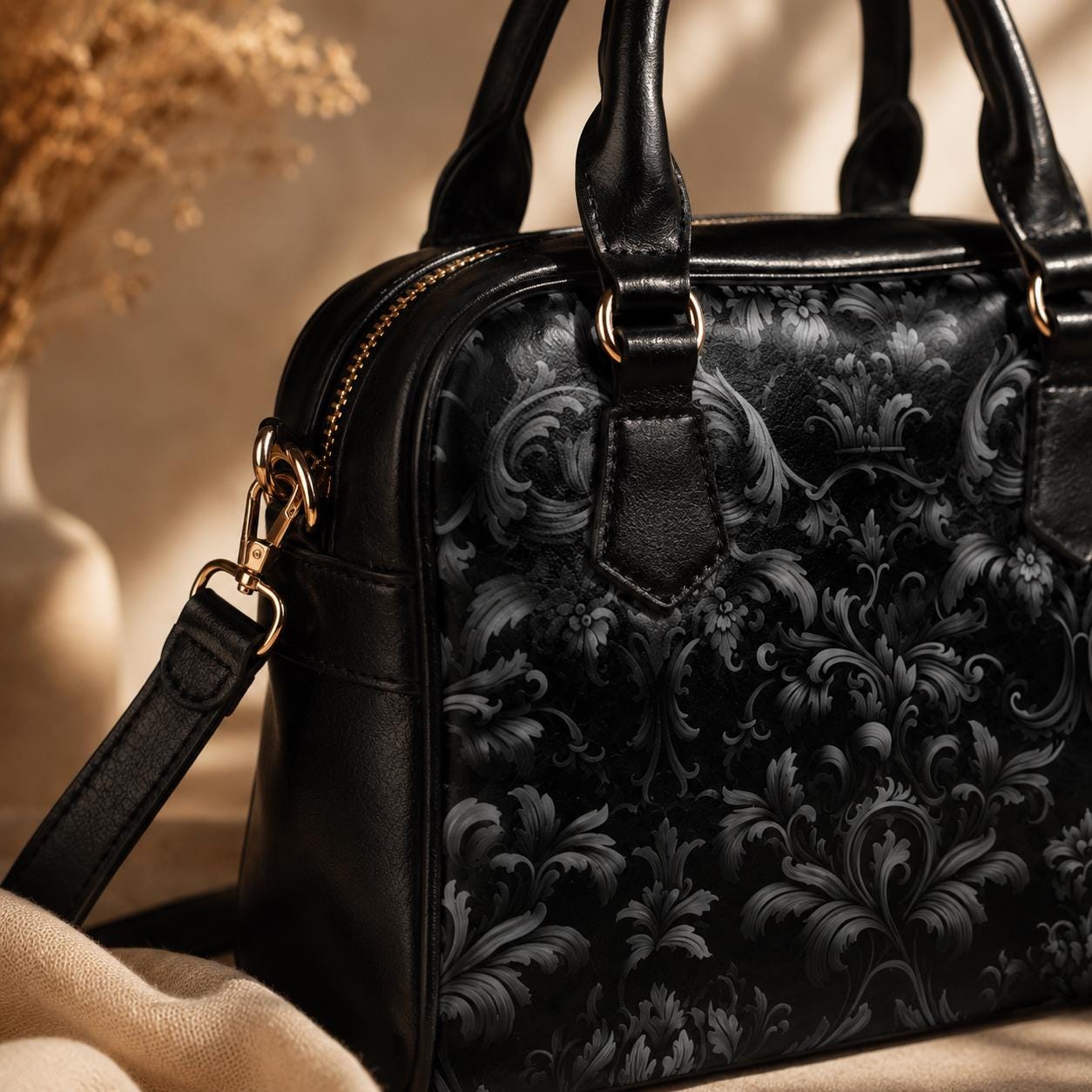Baroque Black Satchel Bag, Victorian Gothic Faux Leather Handbag, Dark Gothic Purse