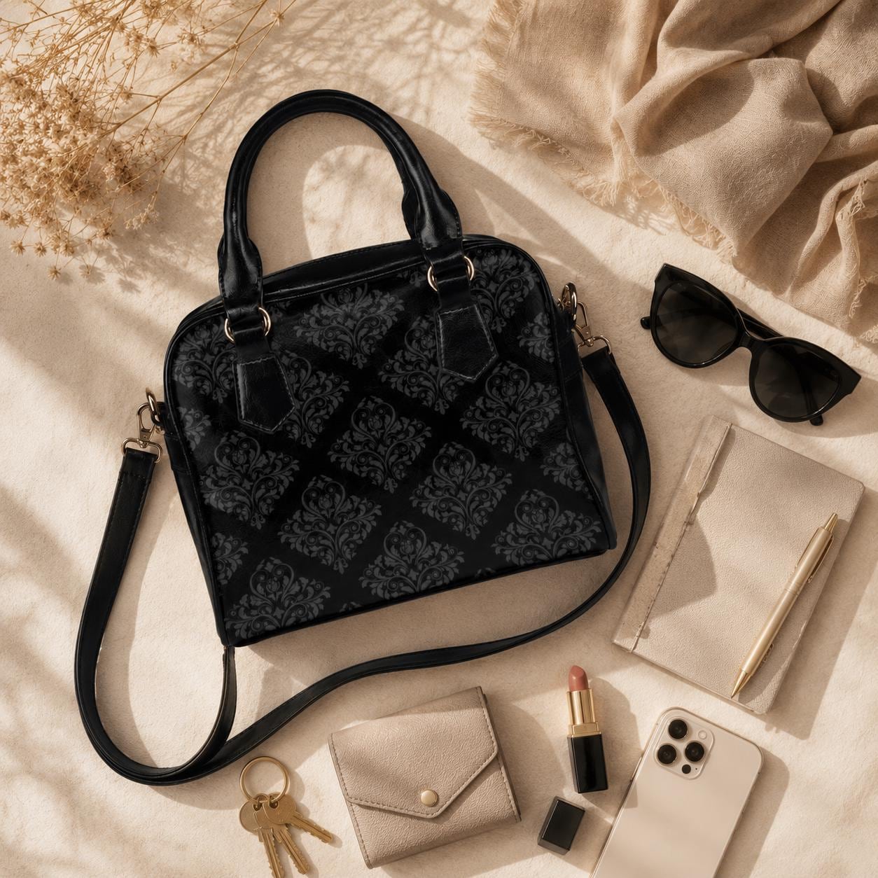 Black Damask Satchel, Dark Academia Purse, Elegant Gothic Handbag