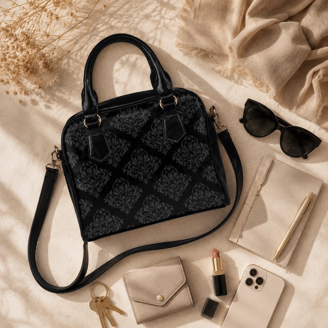 Black Damask Satchel, Dark Academia Purse, Elegant Gothic Handbag