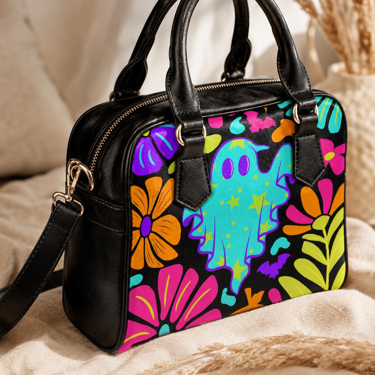 Ghost Handbag, Colorful Halloween Bowler Bag, Retro Floral Purse, Cute Spooky Gift
