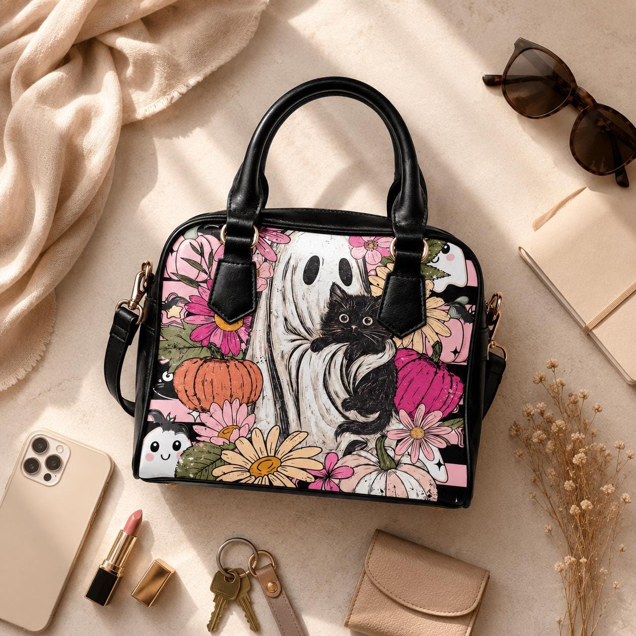 Cute Ghost Handbag, Black Cat Satchel Purse, Floral Halloween Bag, Pumpkin Crossbody