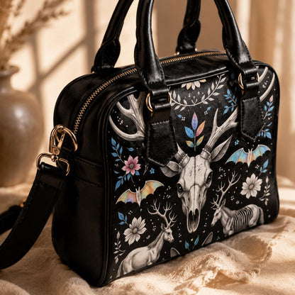 Woodland Fantasy Satchel with Antler Skull, Mystic Forest Purse, Folk Floral Handbag