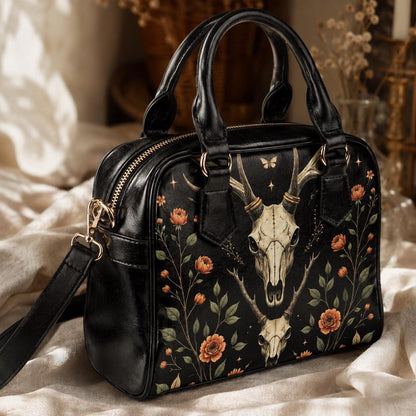 Gothic Satchel Purse with Deer Skull, Dark Floral Handbag, Witchy Shoulder Bag