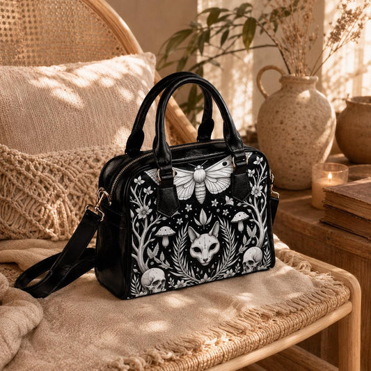Moth Gothic Handbag, Monochrome Woodland Satchel, Skull Floral Purse, Dark Nature Bag