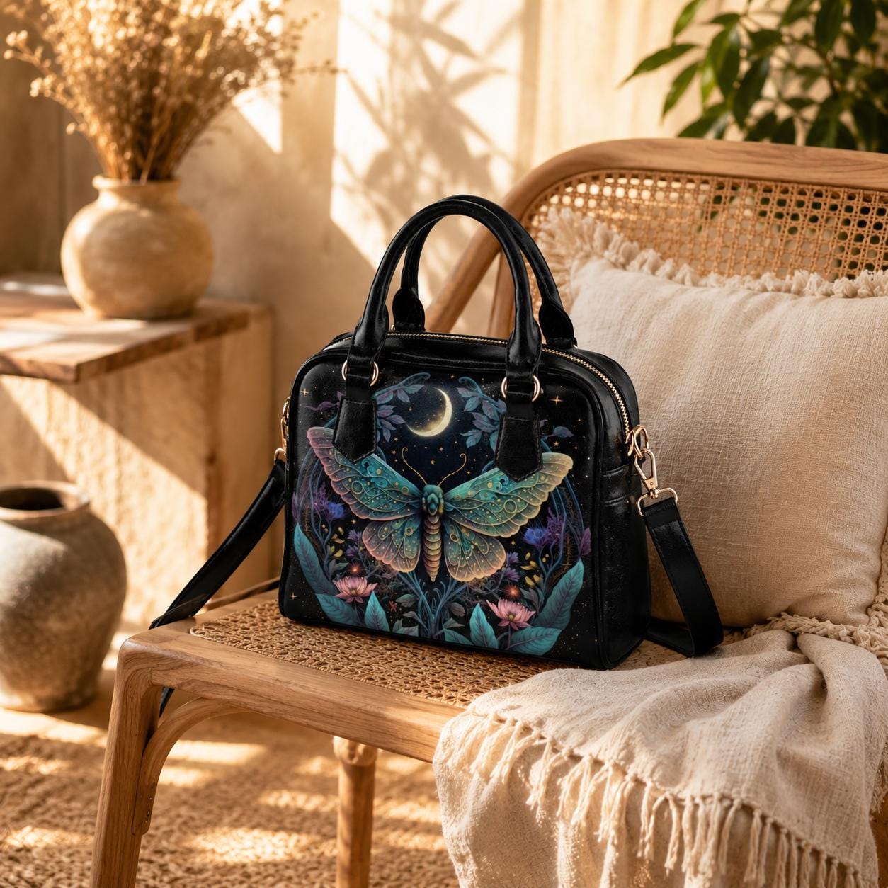 Celestial moth moon handbag, witchy astrology crossbody bag, mystical travel tote, enchanted everyday purse