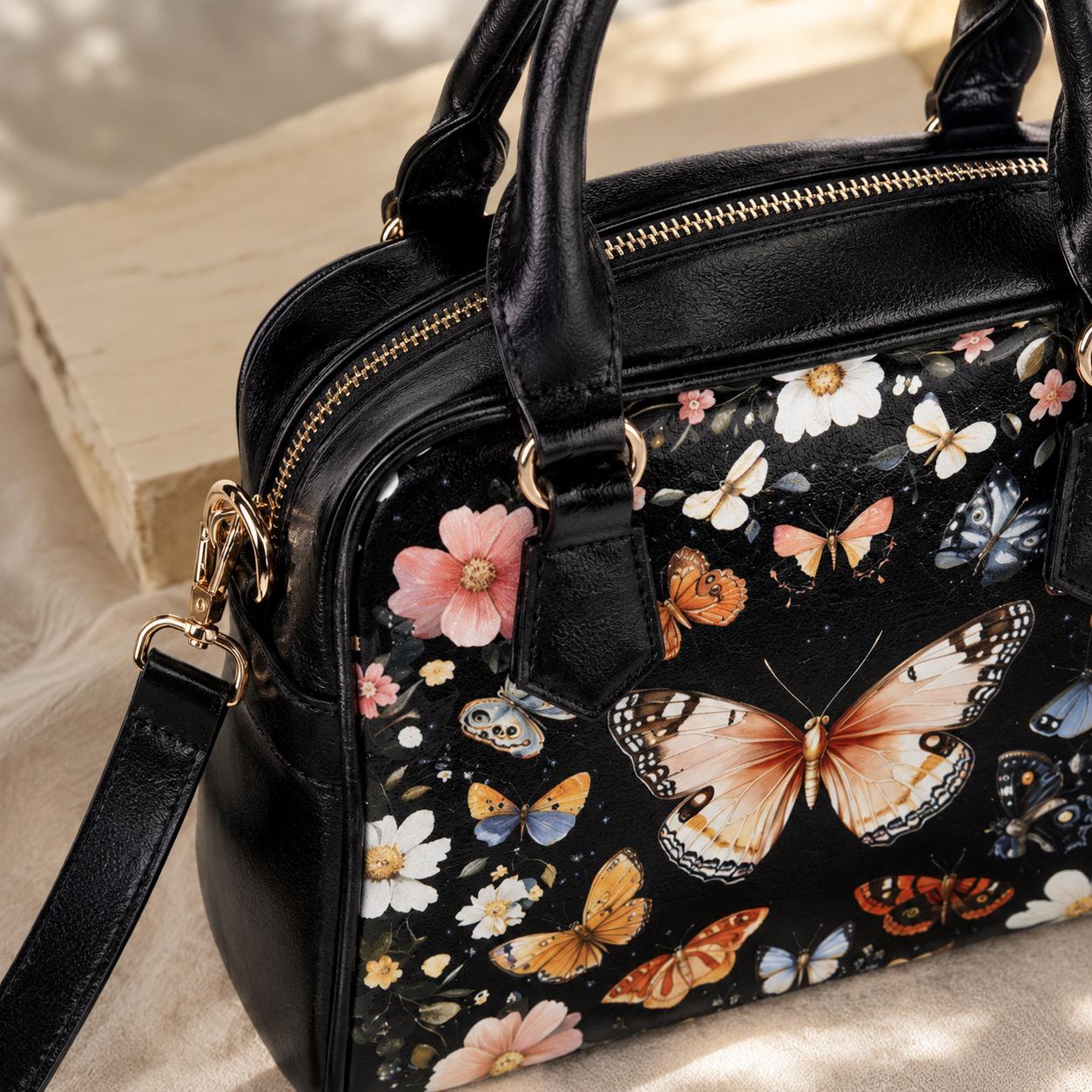 Butterfly floral satchel purse, moth garden handbag, vintage insect crossbody, cottage wildflower top handle