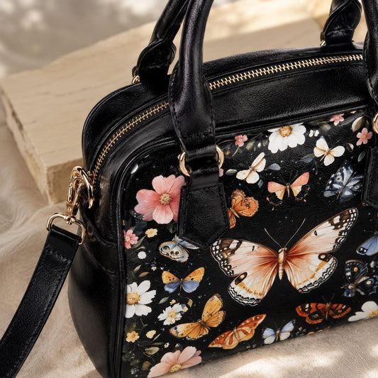 Butterfly floral satchel purse, moth garden handbag, vintage insect crossbody, cottage wildflower top handle