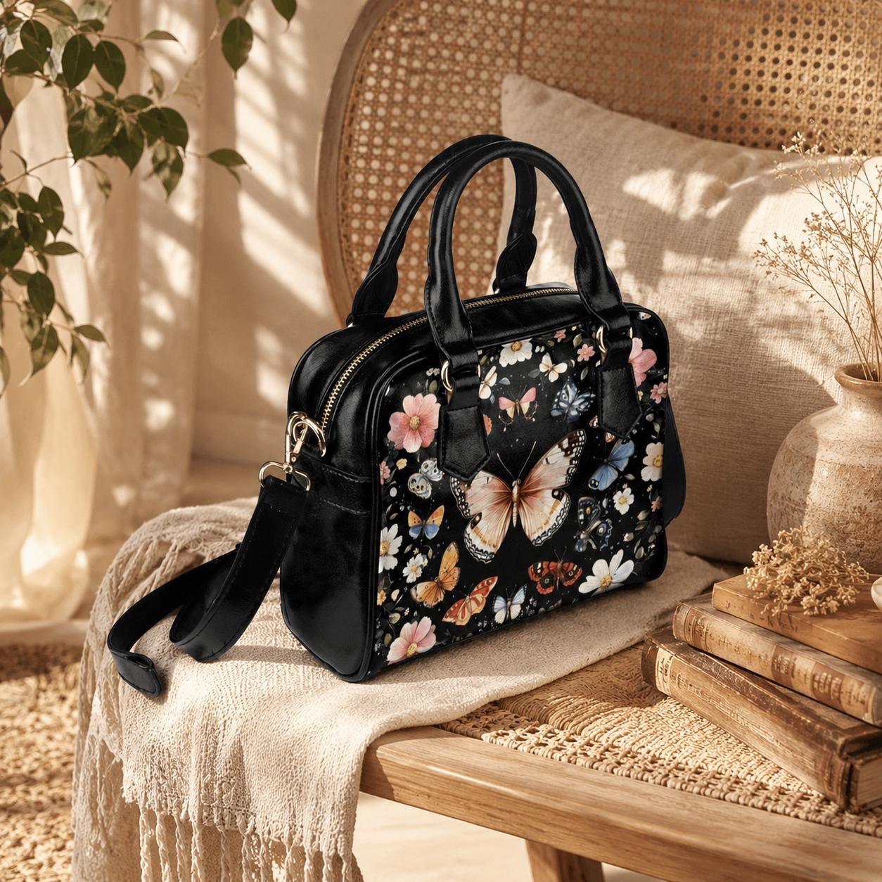 Butterfly floral satchel purse, moth garden handbag, vintage insect crossbody, cottage wildflower top handle