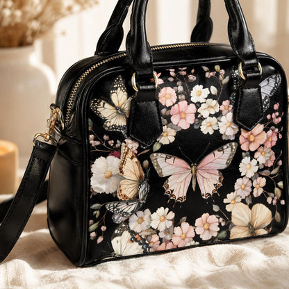 Black Butterfly Floral Satchel Handbag, Romantic Spring Blossom Statement Bag