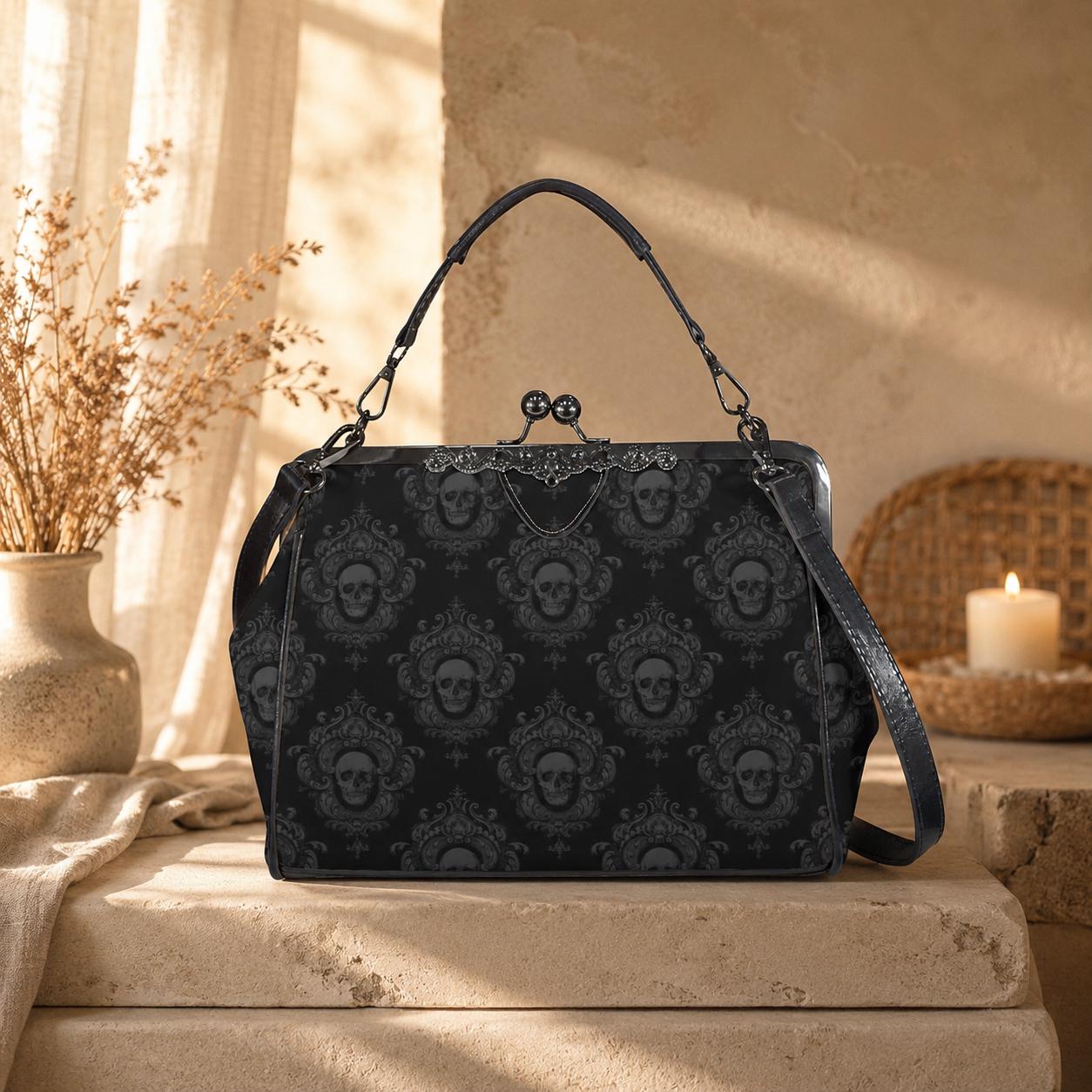 Skull Damask Kisslock Bag, Vintage Gothic Handbag, Victorian Style Purse, Witchy Top Handle Shoulder Bag