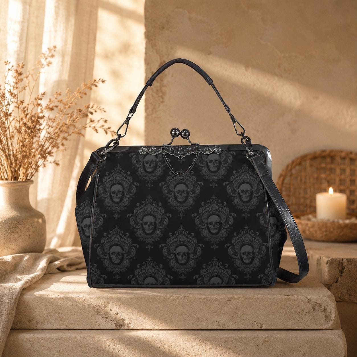 Skull Damask Kisslock Bag, Vintage Gothic Handbag, Victorian Style Purse, Witchy Top Handle Shoulder Bag