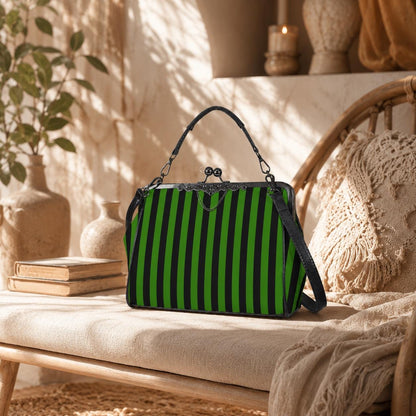 Green Stripe Kisslock Bag, Gothic Witchy Purse, Vintage Alt Fashion Handbag