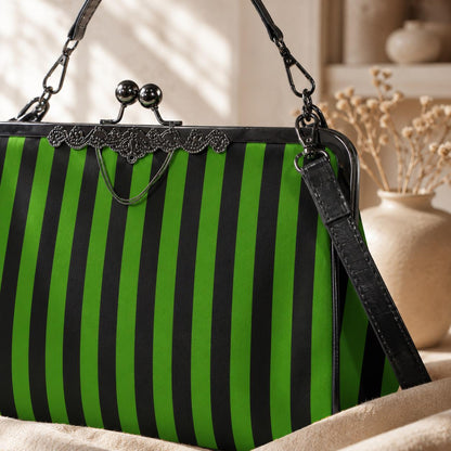 Green Stripe Kisslock Bag, Gothic Witchy Purse, Vintage Alt Fashion Handbag