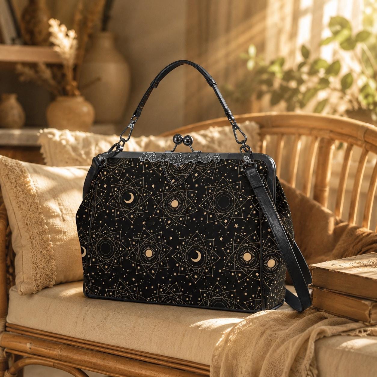 Celestial kisslock bag, moon and stars print, witchy astrology handbag