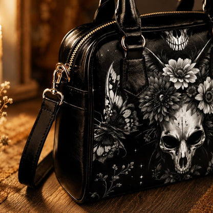 Goth Skull Bowler Bag, Black Floral Butterfly Handbag, Dark Academia Purse