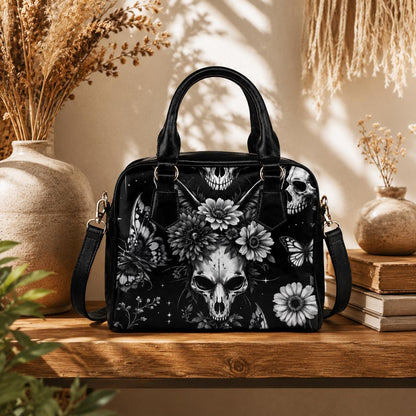 Goth Skull Bowler Bag, Black Floral Butterfly Handbag, Dark Academia Purse