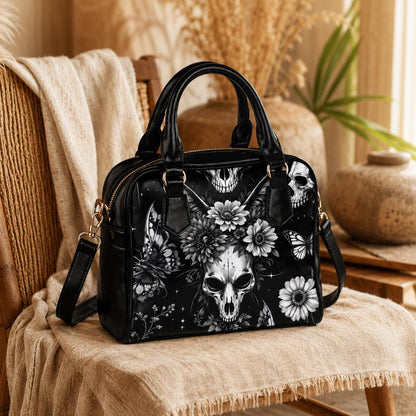 Goth Skull Bowler Bag, Black Floral Butterfly Handbag, Dark Academia Purse