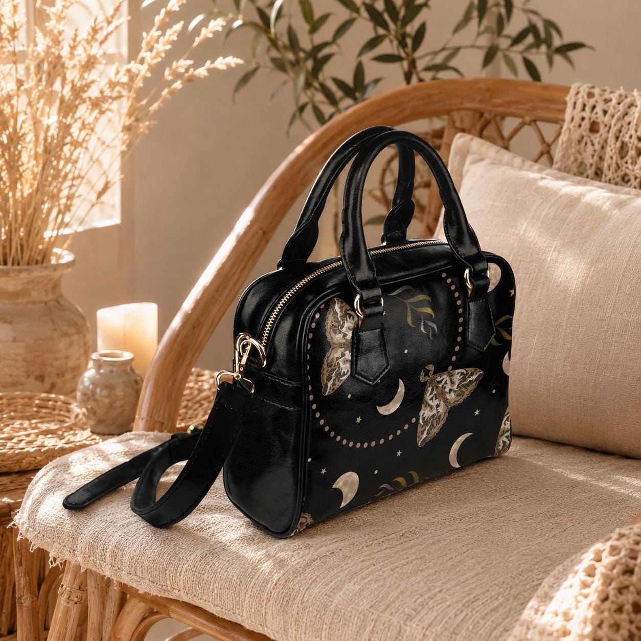 Moon Moth Handbag, Gothic Top Handle Purse, Witchy Crossbody Bag