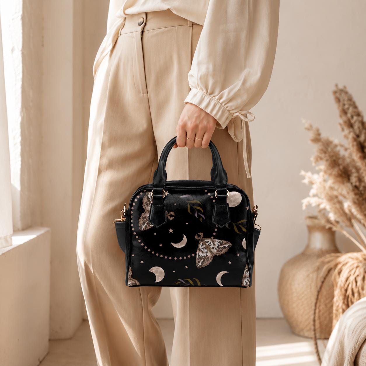 Moon Moth Handbag, Gothic Top Handle Purse, Witchy Crossbody Bag