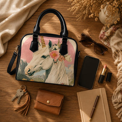 Unicorn Purse with Floral Crown, Fantasy Satchel Bag, Pink Whimsical Handbag