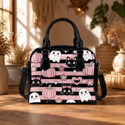 Kawaii Halloween Handbag with Ghosts and Black Cats, Pink Pumpkin Purse, Cute Spooky Satchel