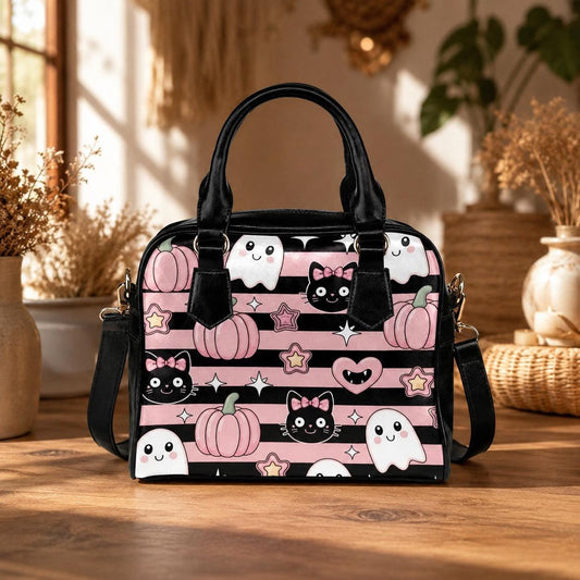 Kawaii Halloween Handbag with Ghosts and Black Cats, Pink Pumpkin Purse, Cute Spooky Satchel