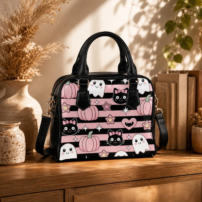 Kawaii Halloween Handbag with Ghosts and Black Cats, Pink Pumpkin Purse, Cute Spooky Satchel