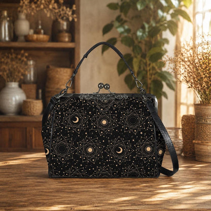 Celestial kisslock bag, moon and stars print, witchy astrology handbag