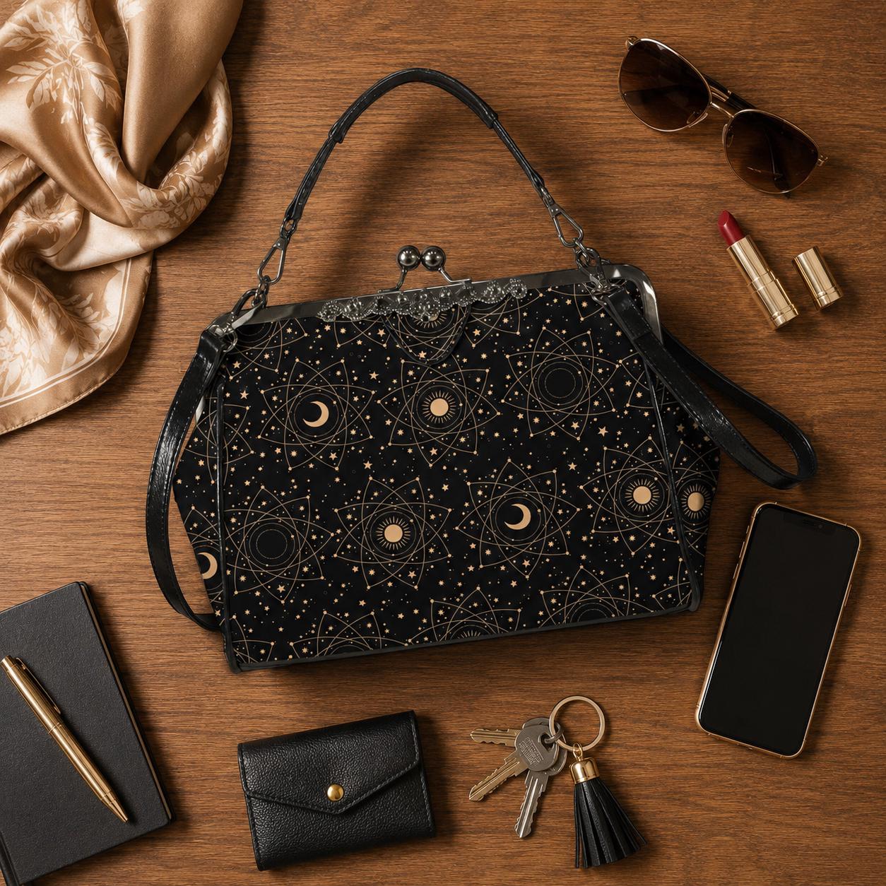 Celestial kisslock bag, moon and stars print, witchy astrology handbag, zodiac sign gift, mystical festival purse